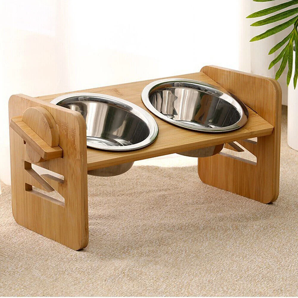 Elevated Dog Bowls with Stand Raised Dog Bowls 4 Heights Adjustable Dog Bowls Bamboo Dog Feeding Station 2 Stainless Steel Bowls