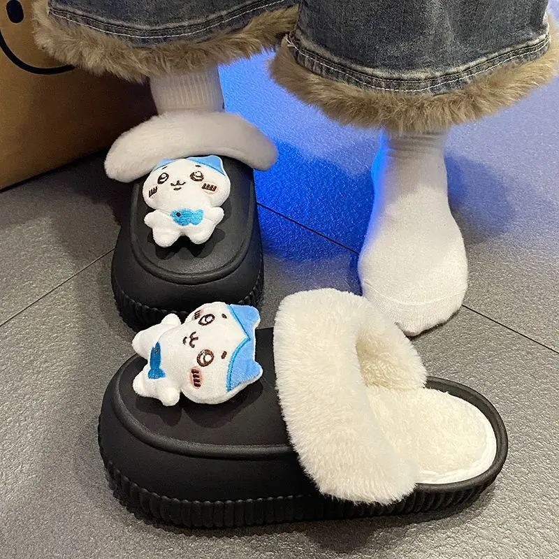 Kawaii Chiikawas Plush Slippers Women Warm Removable Cartoon Harajuku Cute Usagi Home Cotton Shoes Thick Sole Fur Shoes Non Slip