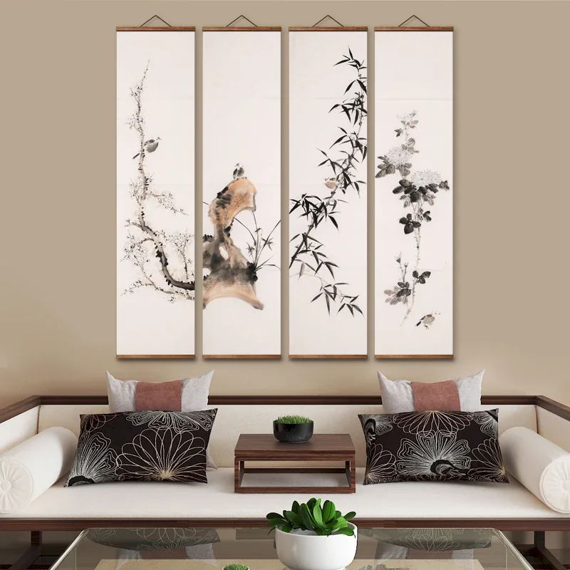 MT0089 Chinese Style Ink Orchid Bamboo Chrysanthemum Bird Decorative Wall Art Canvas Posters Solid Wood Scroll Paintings