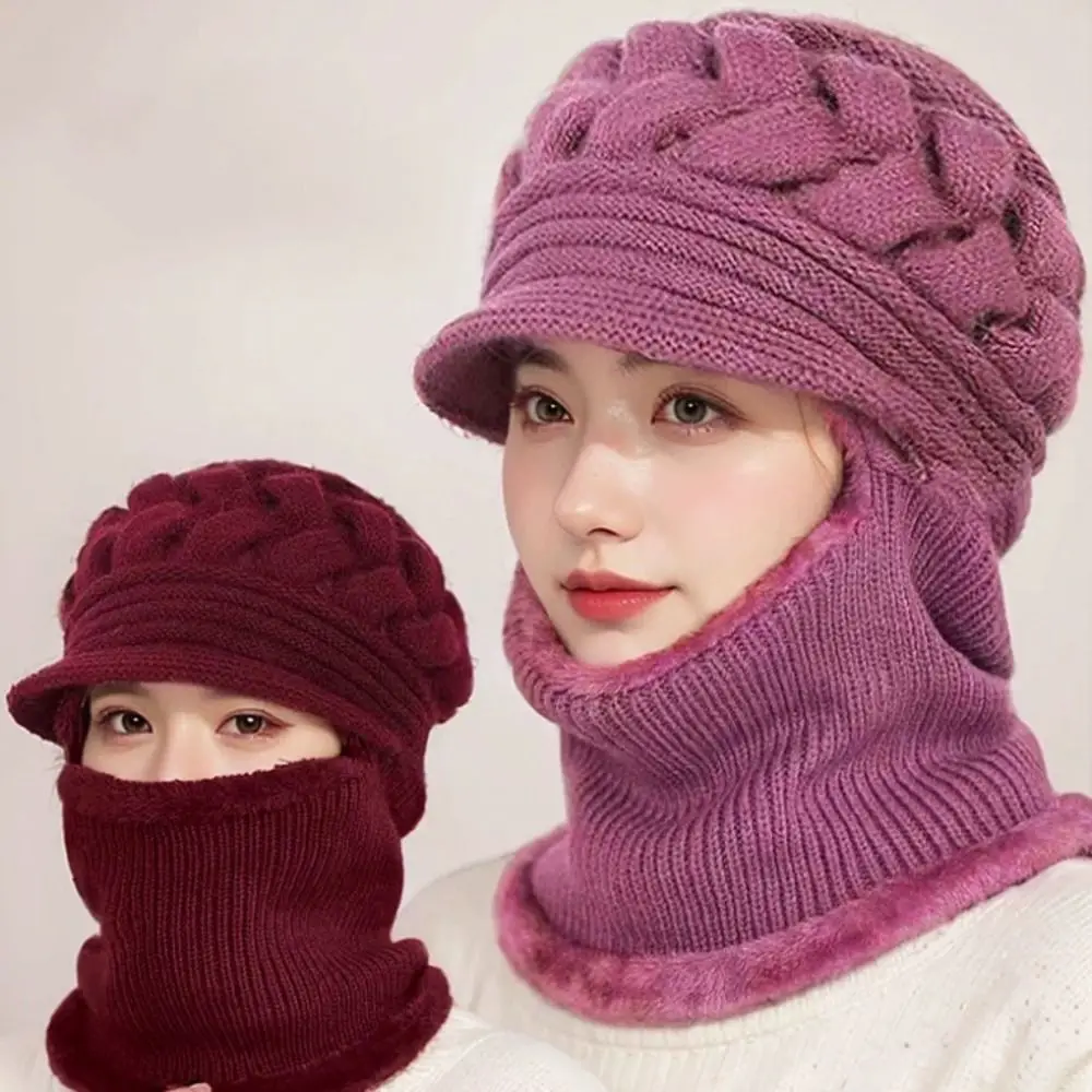 

Fashion Winter Knitted Hat Warm Fleece Lining Ear Protection Hat Thicken with Windproof Brim Neck Gaiters For Women