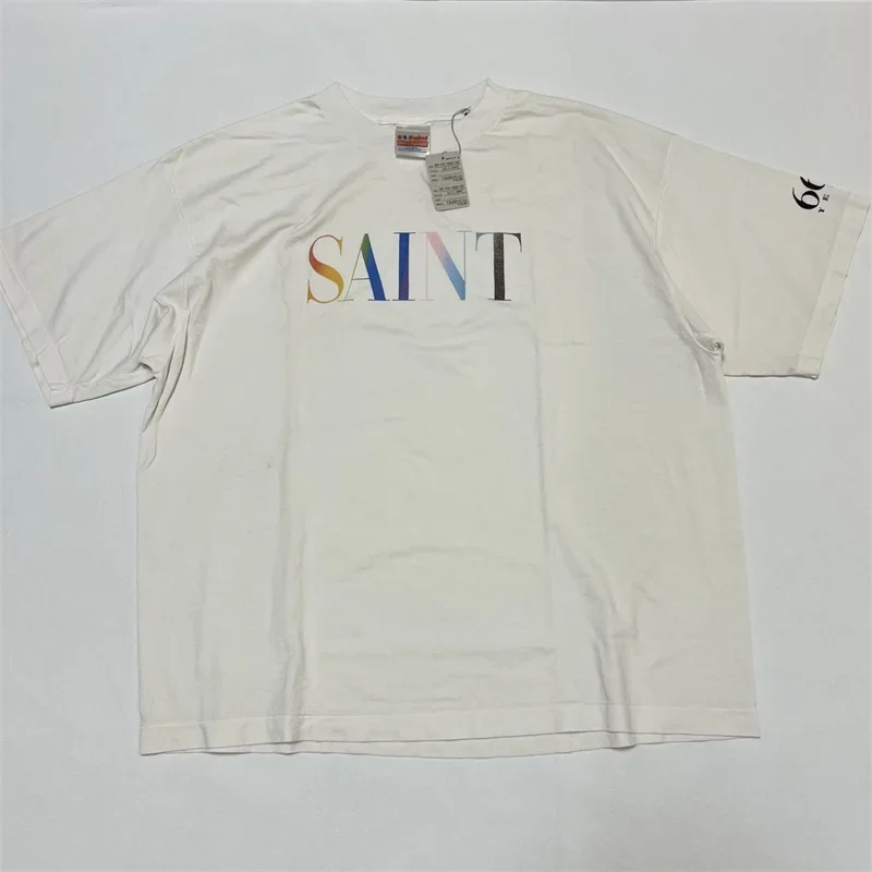 Pure Cotton SAINT MICHAEL White Tshirts Men Women Best Quality Rainbow SAINT Logo T-shirt Top Tees