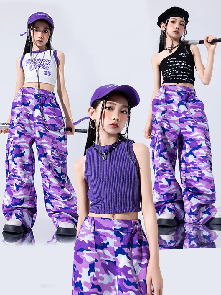2024 Modern Jazz Dance Costume Girls Summer Vest Purple Camouflage Pants Kids Hip Hop Outfits Stage Performance Costume BL13403