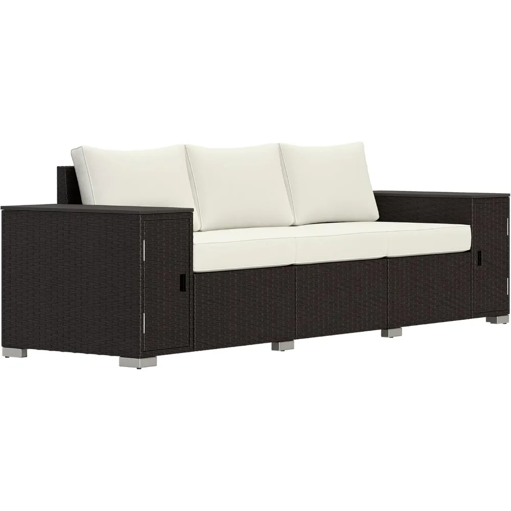 Outsunny 3 Seater Wicker Sofa with 2 Storage Side Tables and Thickened Cushions, Rattan Outdoor Patio Sofa with Wide Armrests, W