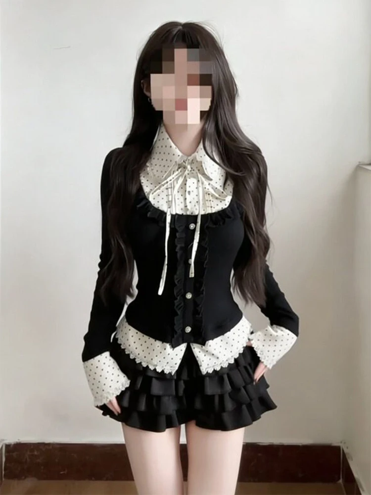 Korean Style Wood Grain  Long Sleeve Polka Dot Women's Early Autumn Cake Short Skirt Two-Piece Set Fashionable Workwear
