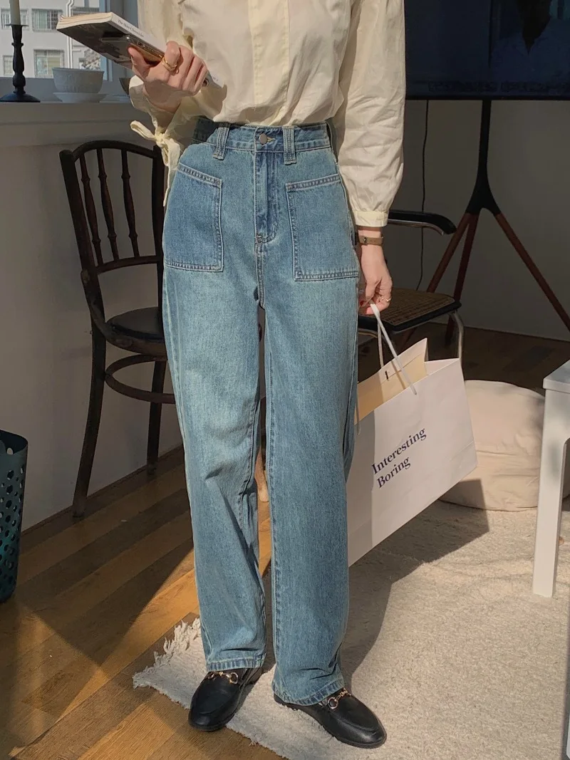 Spring and Autumn Korean style retro blue straight leg high waisted design jeans fabric is comfortable loose and not easy to fad