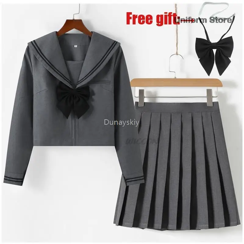 Japanese Student JK School Uniform Summer Sweet gray Uniform Set Vintage Cute Girls Navy gray Shirt  Skirt Set