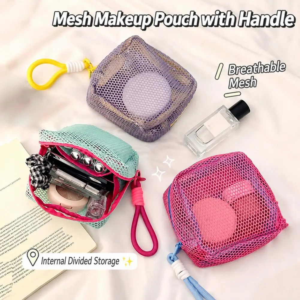 Small Mesh Beach Pouch Clear Cosmetic Bag with Detachable Wrist Strap Travel Organizer for Sunscreen Keys Cables