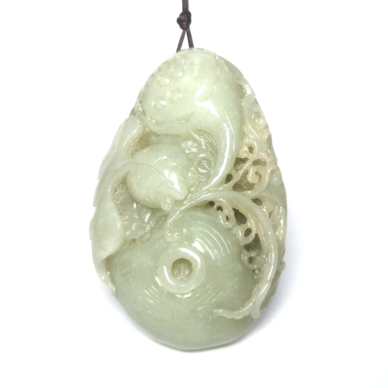 YIZHU CULTUER ART Size 9 × 6 cm Old China Hetian Jade Hand Carving Lotus leaf Fish Pendant Decoration Collection