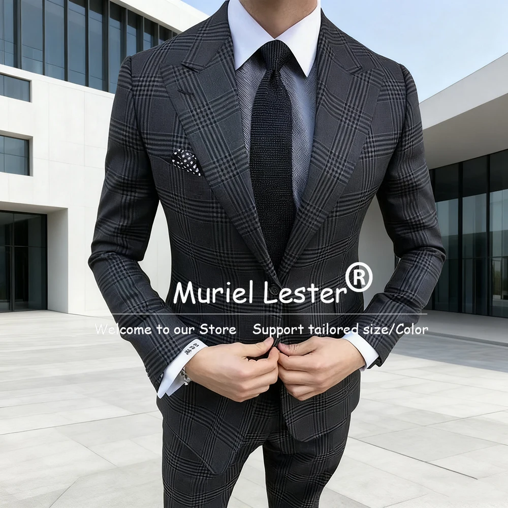 

Классические клетчатые мужские костюмы, комплекты из 2 предметов, свадебные смокинги для жениха с пиковыми лацканами, приталенные деловые мужские вечерние пиджаки, костюм для выпускного вечера Homme