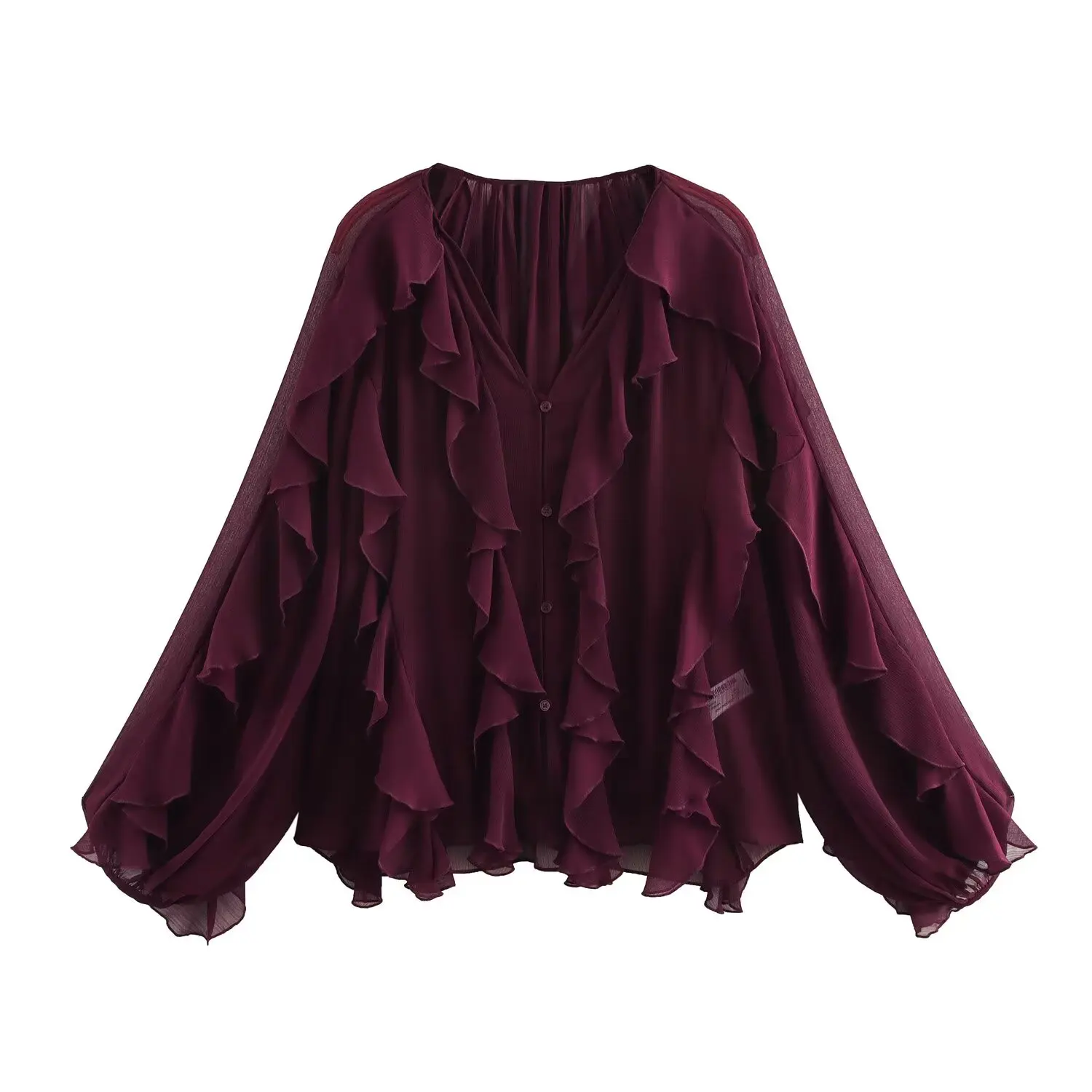 

European American Style V-neck Long Sleeved Blouse Fashion Layered Decoration Loose Top Spring Summer Solid Color Vacation Shirt