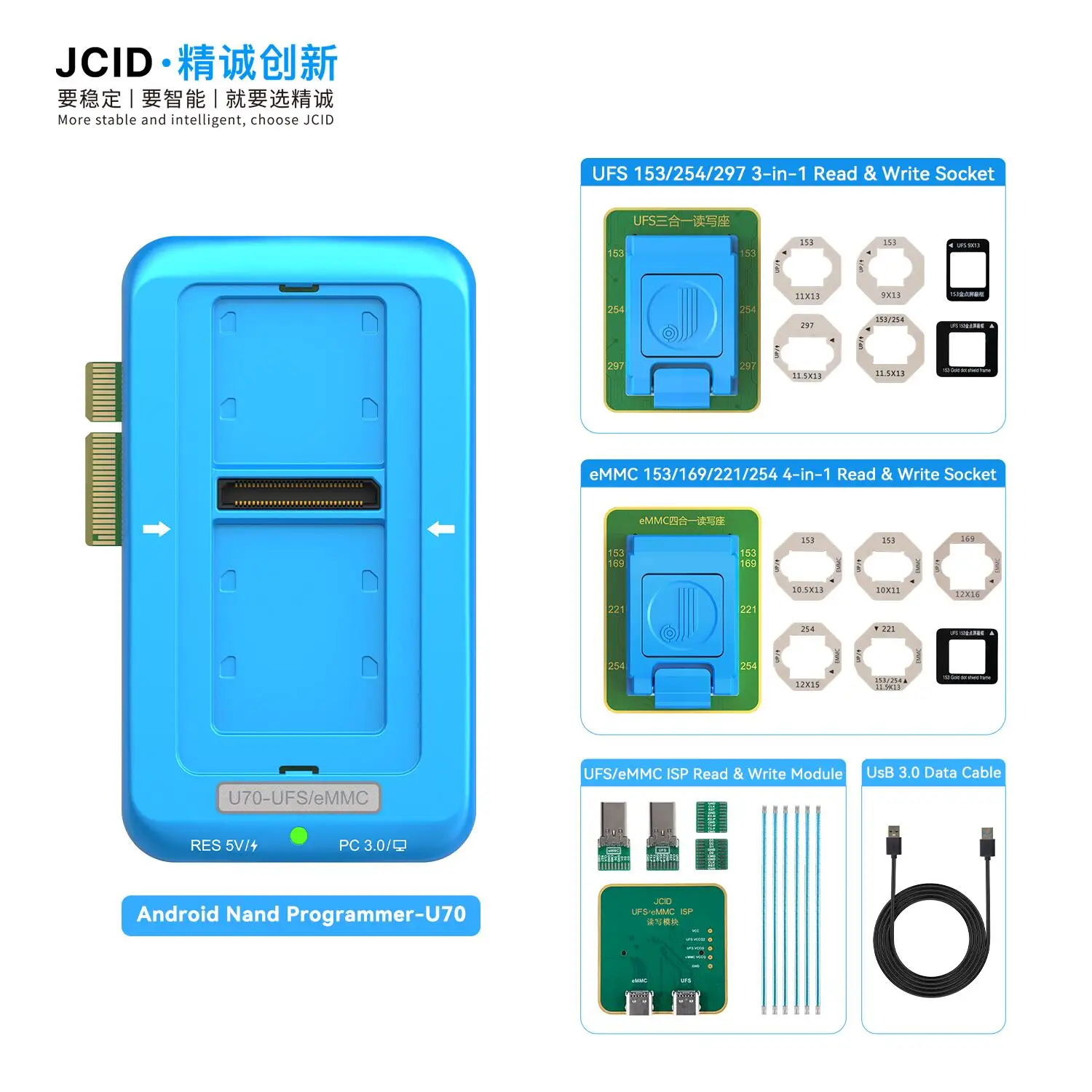 JCID U70 Gen2 UFS Android Nand Programmer For Android Phones Nand Flash Repair UFS 153/254/297 eMMC 153/169/221/254 C ISP Read