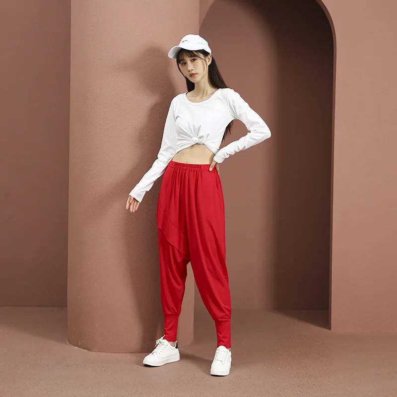 Women Cross-pants Summer Baggy Streetwear Red Cotton Harem Trousers Hip Hop Loose Casual Mid Waist Dance Joggers Bloomers