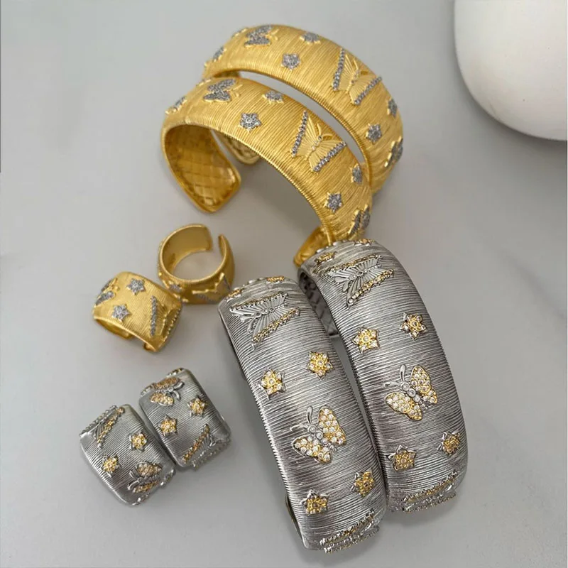 Hot Selling Retro Italian Large Wide Face Adjustable  Dual Color Butterfly Bracelet Ring Jewelry High-End Feeling Set Wholesale