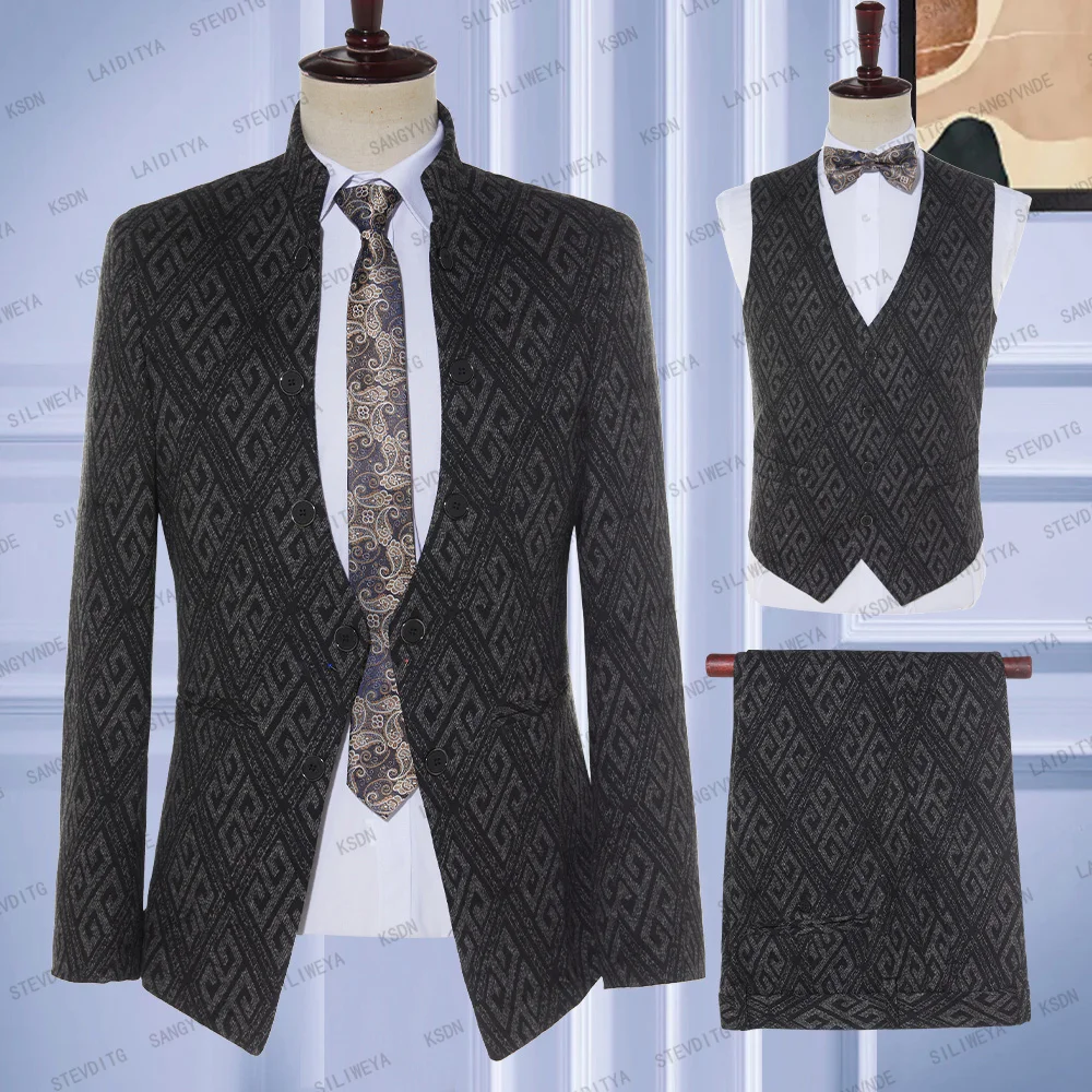 

2023 New Men's Stand Collar Chinese Style Slim Fit Grey Black Shiny Classic Pattern Suits Male 3 Pieces Set Jacket Vest Pants