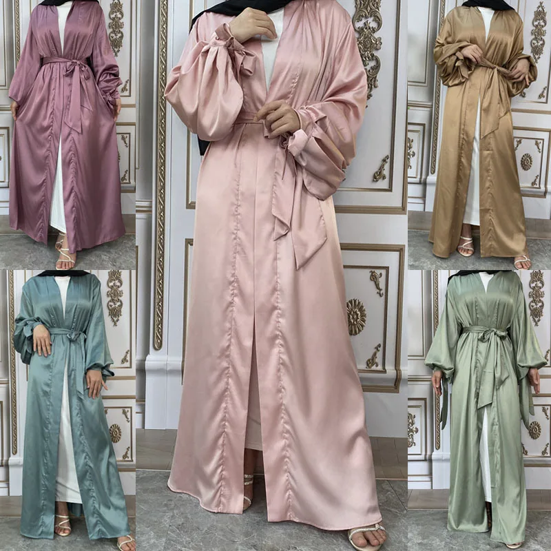 

Ramadan Solid Open Abaya Kimono Dubai Turkey Puff Sleeve Satin Muslim Hijab Dress Abayas for Women Moroccan Kaftan Islam Clothes