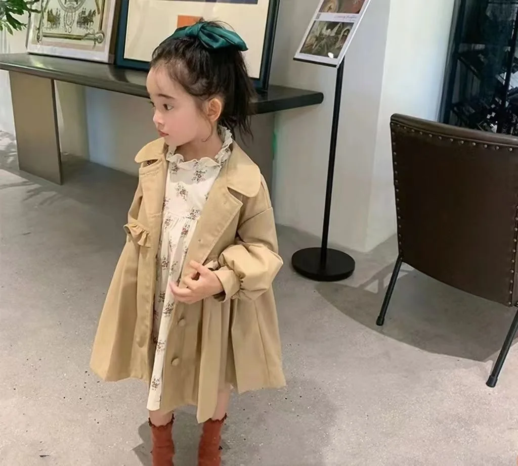 

Spring and Autumn Girls' Trench Coat Baby Foreign Style Children's Korean Lace Bow Medium and Long Coat