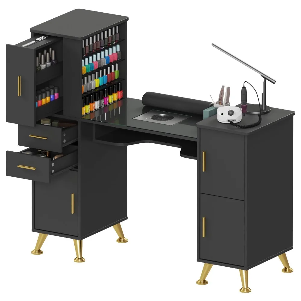 Nail Desk Manicure Table with Dust Collector & Glass Top (Black)