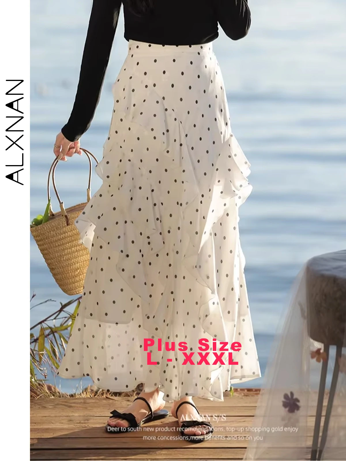 

ALXNAN Plus Size Women's Skirt Long A-line Polka Dot Irregular Skirt 2025 Summer Elegant Office Holiday Ladies Clothing D09310