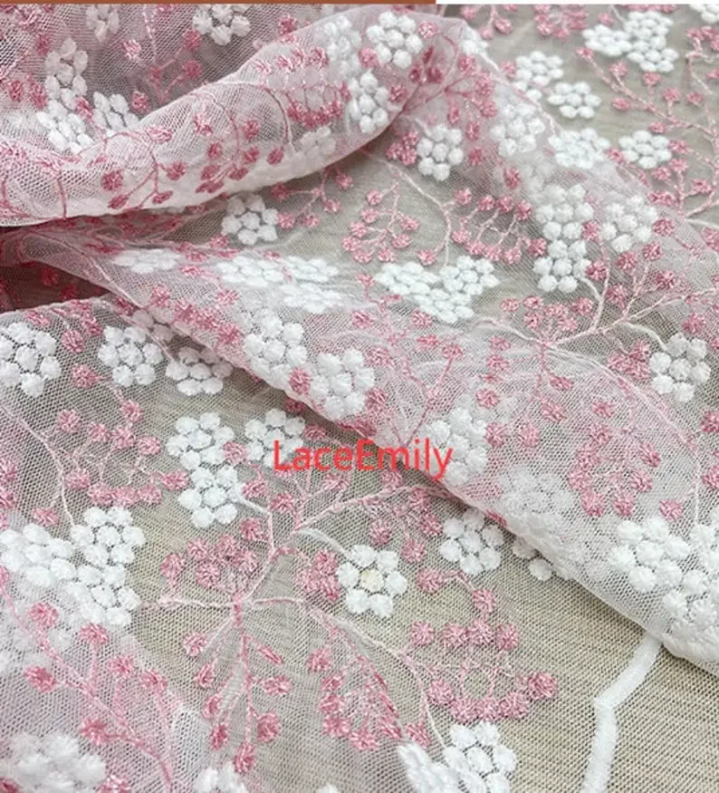 

Pink white flower embroidery lace fabric Green white Floral tulle lace for baby dress floral wedding dress lace ball gown 1 yard
