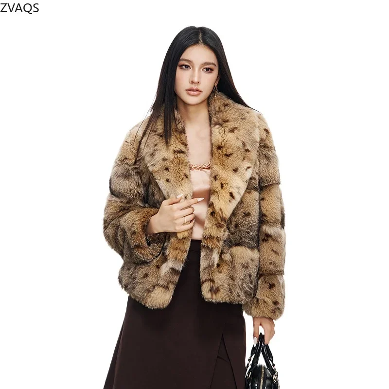 ZVAQS Natural Fox Fur Coat Women Luxury Leopard Print Fur Jacket Old Money Style Outerwears Ladies Winter Clothes 2024 Fourrure