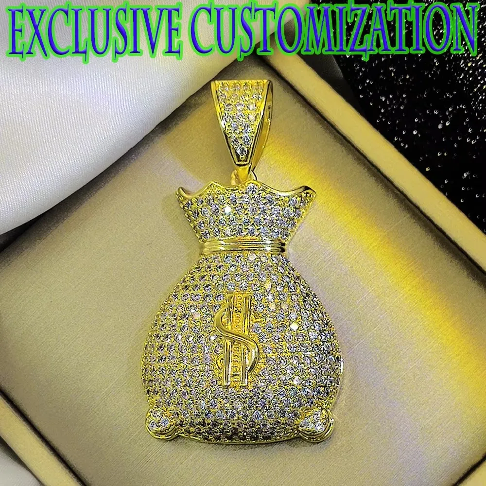 Premium custom hip-hop gold necklace. Diamond Inlaid Money Collection Bag Pendant, 18K Gold Plated Classical Craft, New Trend