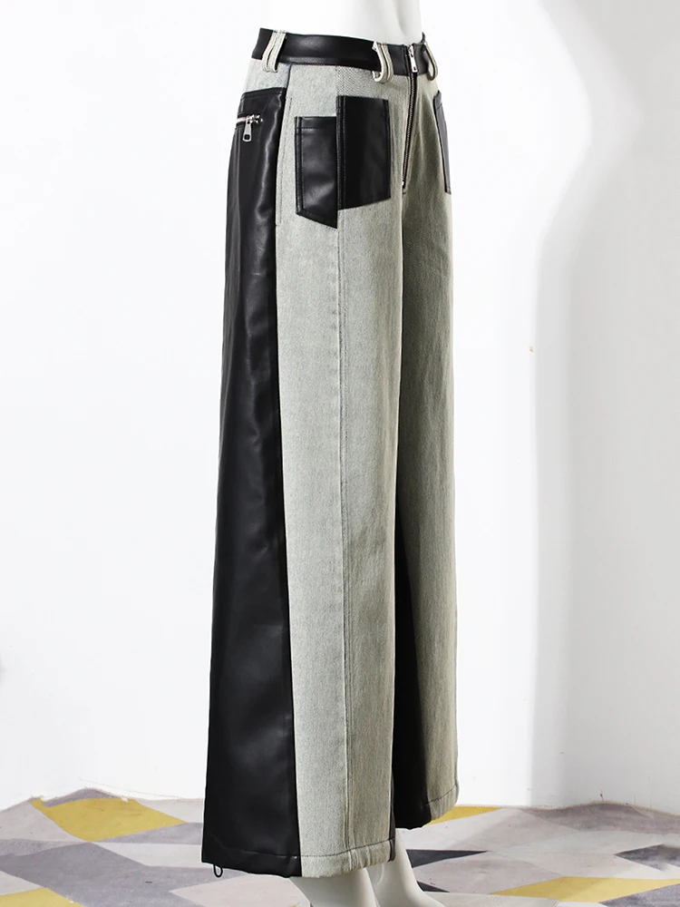 High Waist Black Color-block Leather Denim Long Wide Leg Jeans New Loose Women Trousers Fashion Spring Autumn