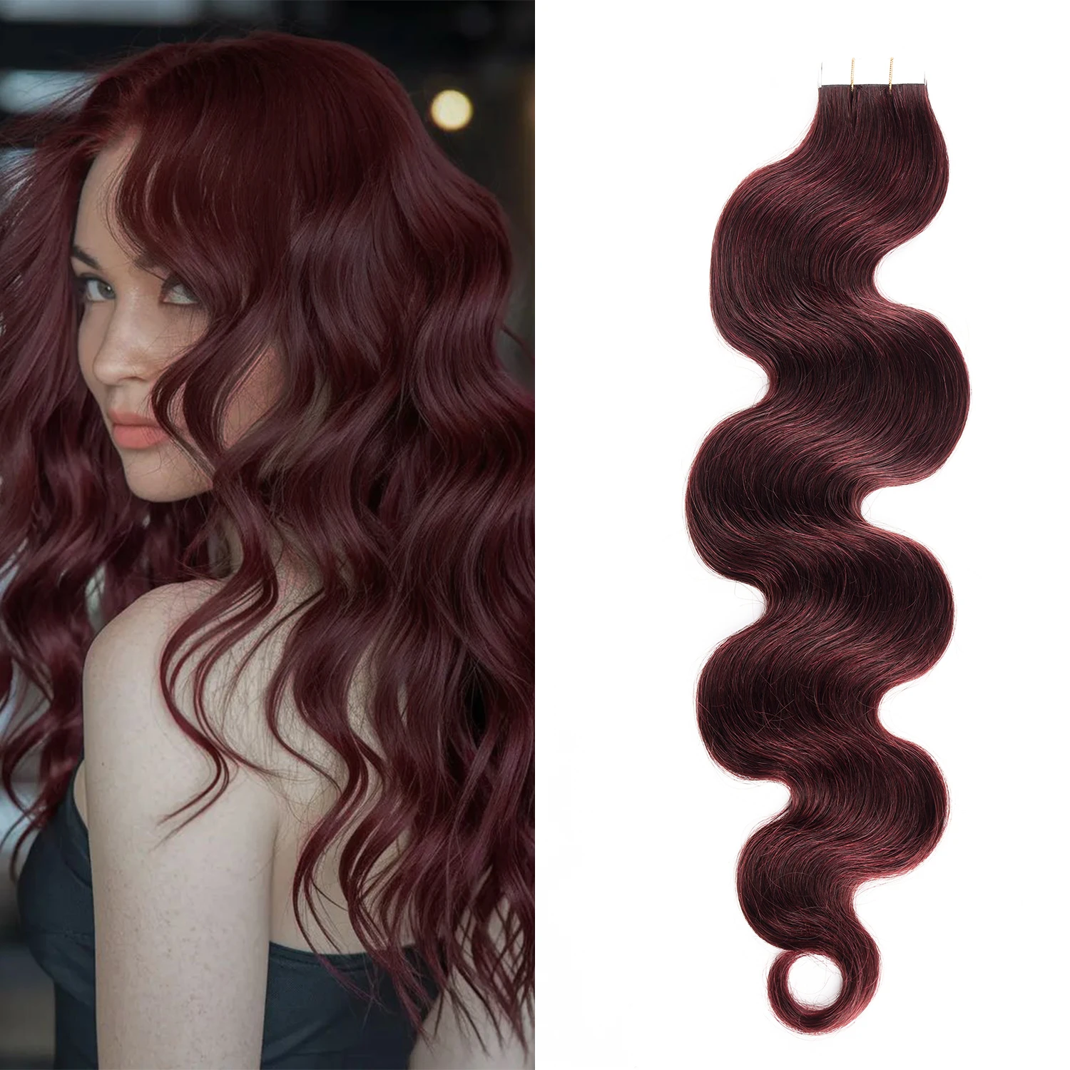 20 Extensiones de Cabello Humano Remy con Cinta Adhesiva Sin Costuras # Extensiones de cabello humano virgen real con cinta adhesiva, tipo Body Wave, color 99J Dark Wine, con base de PU.