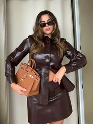 High Street Leather Set Women Lapel Full Sleeves Single Breasted Jacket Mini Skirt PU Female Sets 2024 Autumn Fashion Lady Suits