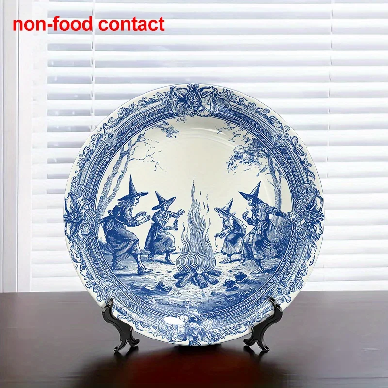 Blue 1pc 8-Inch Round Ceramic Hanging Wall Art Plate, Vintage Witches Scene for Home Decor, Unique Gift for Friends, Jewelry