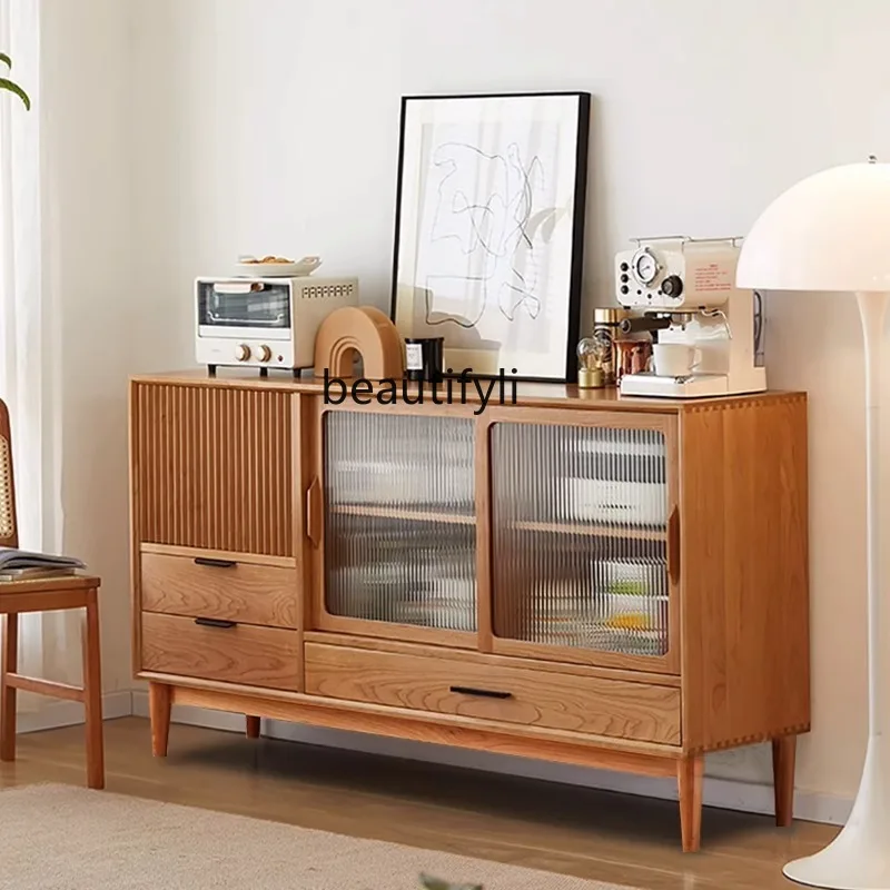 

Nordic Solid Wood Sideboard Simple Living Room Entryway Storage Cabinet Japanese Style Glass Tea Storage Cabinet