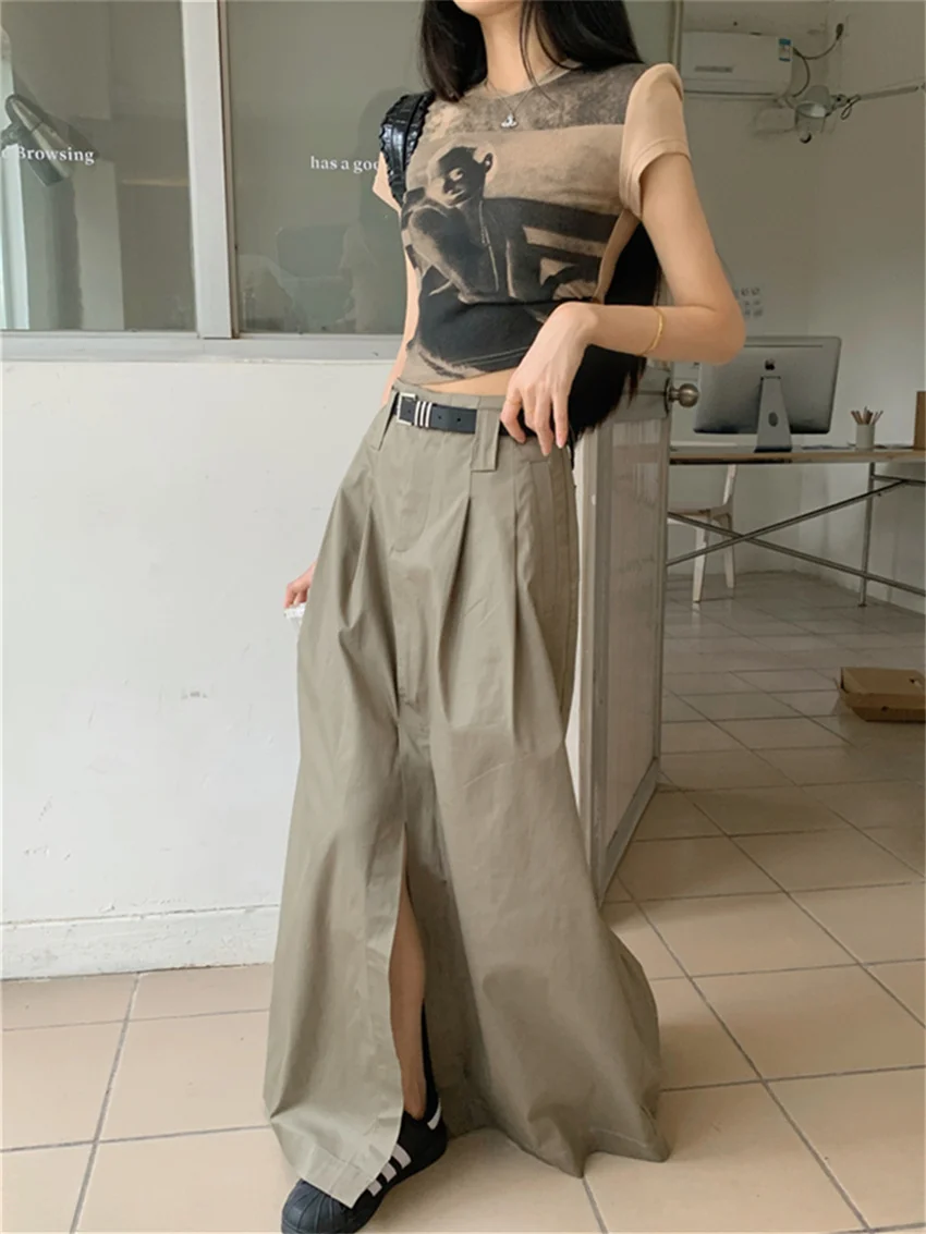 Alien Kitty Minimalist Vintage A-Line Skirts Women Split Loose Casual Summer Gentle 2024 High Street Fashion Slim Solid Daily