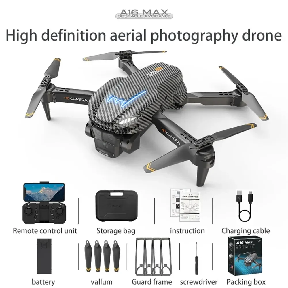 A16 Max flusso ottico tre telecamere in fibra di carbonio UAV quattro assi aereo BrushlessMotor 360 ° evitamento ostacoli Drone GPS Smart Fly