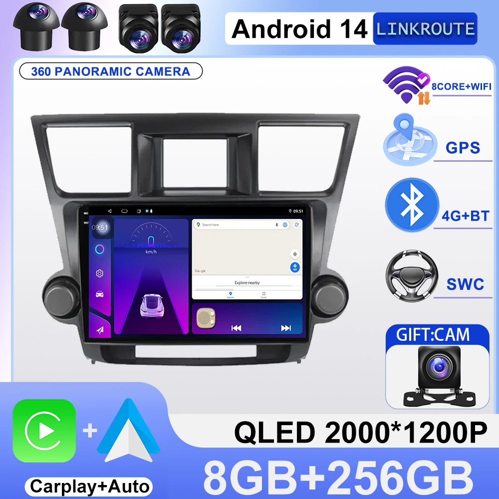 Android14 For TOYOTA Highlander 2009 2010 2011 2012 2013 2014 Multimedia Stereo Car Player Navigation GPS BT 4G WIFI NO 2DIN DVD