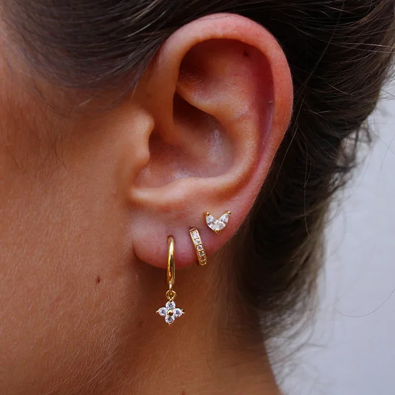 3 szt. Wykwintne zielone cyrkonie wiszące kolczyki zestaw dla kobiet kwiat ze stali nierdzewnej dynda kolczyk chrząstka Piercing biżuteria