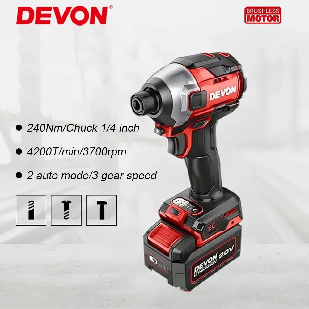 

DEVON 5762-LI-20 Wireless Impact Screwdriver Rechargeable Brushless 2 Smart Modes 240Nm 3700rpm 4200T/min Universal Flex Battery