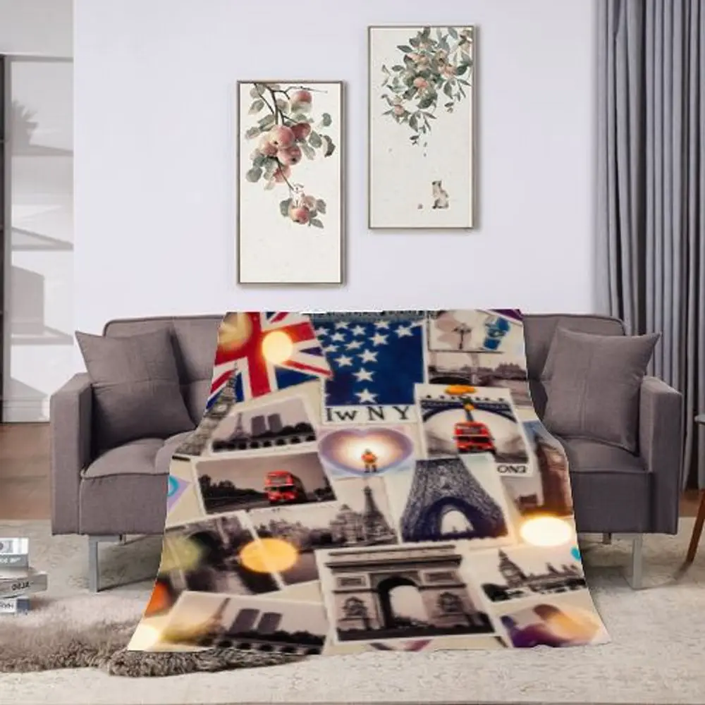 

Dreamy City Collage Throw Blanket Featuring Iconic Landmarks: Big Ben, Eiffel Tower, Brooklyn Bridge & More - Soft and Cozy Micr