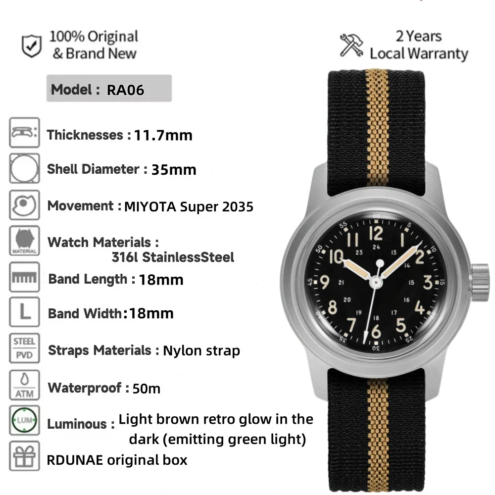 RDUNAE 2025 Neue Herren-Quarzuhr RA06 Miyota Super 2035 Vintage Military K1 Mineralglas Edelstahl wasserdichte Uhr