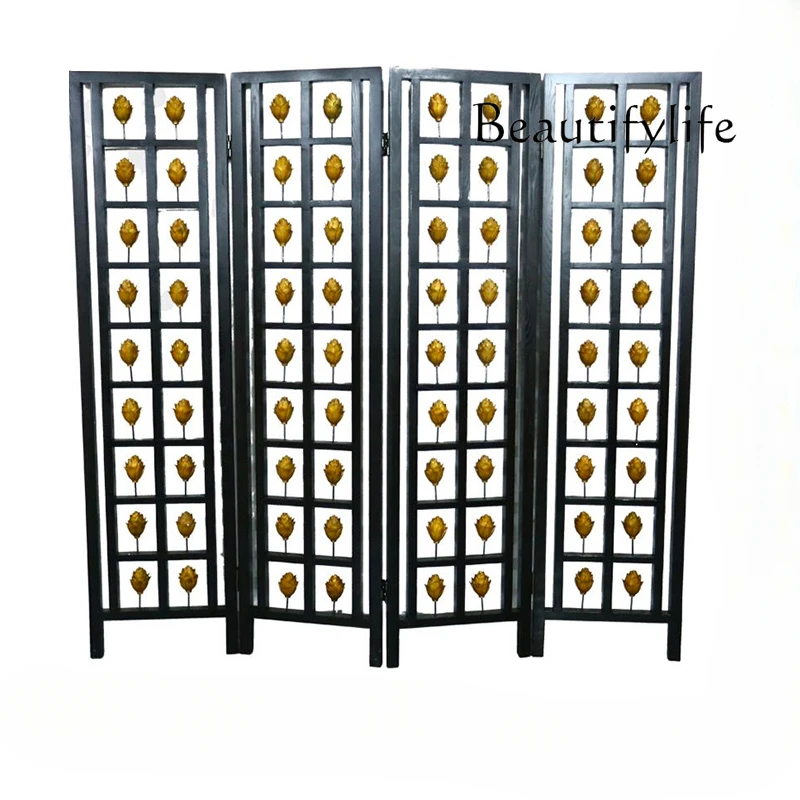 New Chinese Style Solid Wood Subareas Screens Double-Sided Painted Mobile Accordion Partition Push-Pull Southeast Asian Style