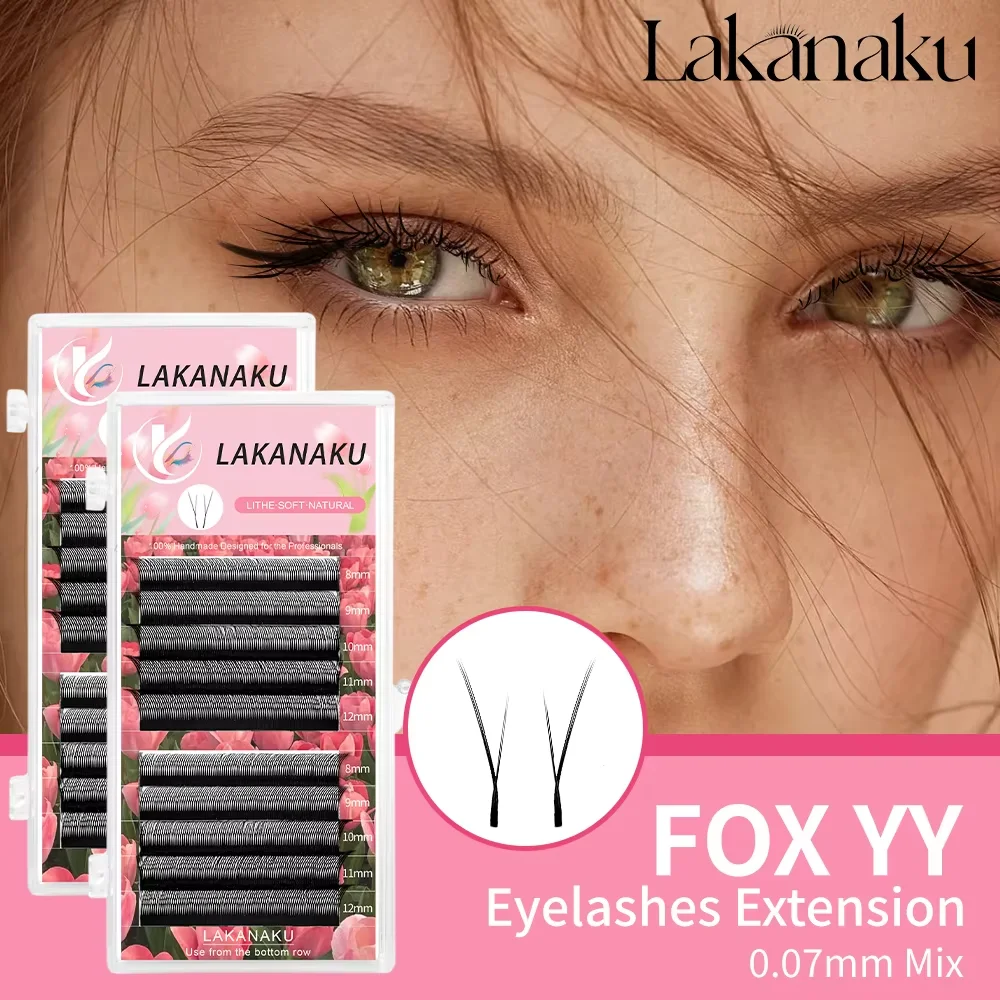 

LAKANAKU YY Shape Fox Eyes Eyelashes 0.07mm Faux Mink C/D Curl Natural Soft Brazilian Premade Volume Fan Kitten Lashes Extension