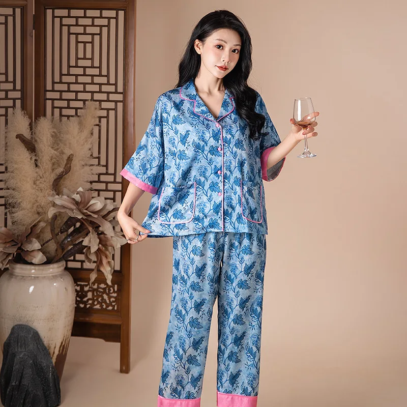 Fashion Short Sleeved Cardigan 3-piece Set Chinese Printed Home Clothes New Ice Silk Pajamas for Women in Spring and Autumn 2026