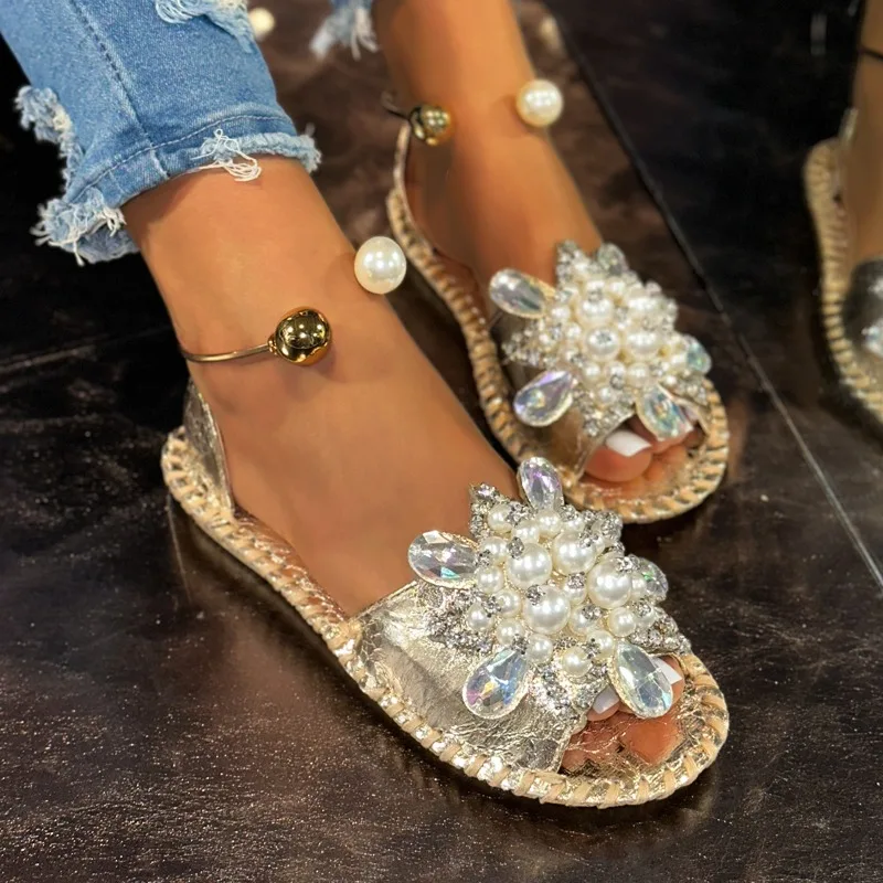 Pearl Crystal Flower Sandals Summer New Round Toe Open Toe Soft Sole Non-slip Wear-resistant Flats image 3