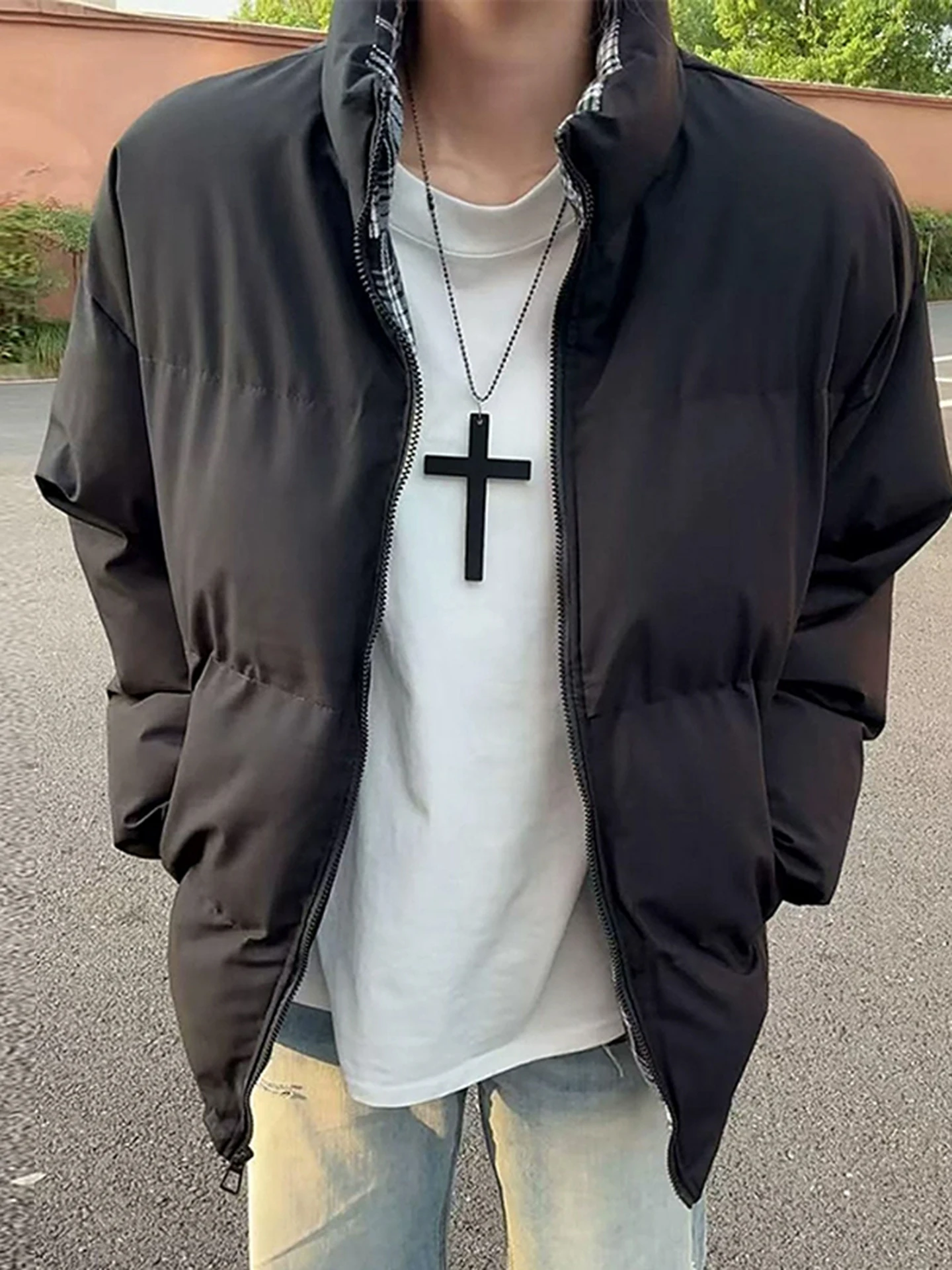 

Черная зимняя куртка-пуховик в клетку с воротником-стойкой, повседневная, утепленная, свободного кроя, с прочной молнией, теплая, прочная, на молнии, в стиле Bread Coat