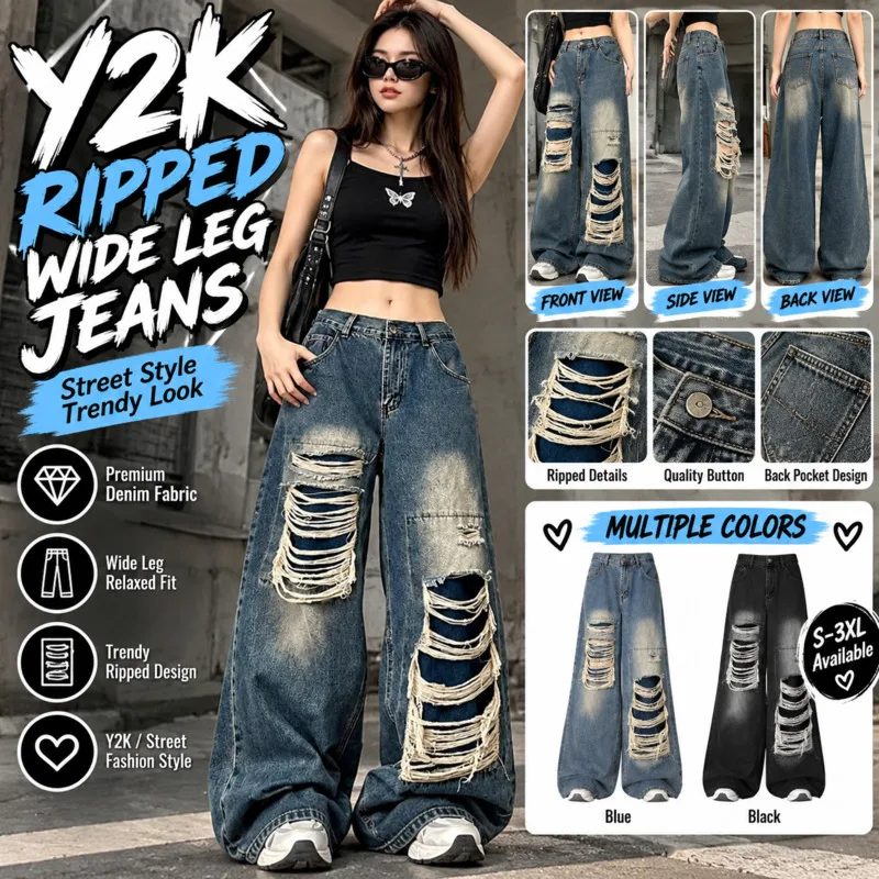 Denim Pants Y2K Streetwear Pants Girl High Waist Ripped Wide Leg Jeans Vintage Distressed Baggy Denim Trousers 4 Season Fashion