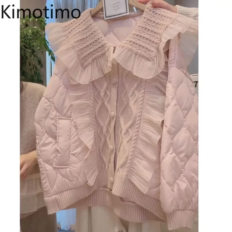 Kimotimo Autumn Winter Quilted Coat Women Sweet Ruffle Peter Pan Collar Patchwork Knitted Parkas Top Warm Loose Fashion Jackets