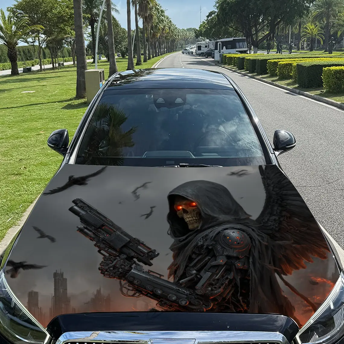 Наклейки на капот автомобиля Cyber Grim Reaper Pattern, водонепроницаемые самоклеящиеся, устойчивые к царапинам, легко приклеиваемые, прочные автомобильные наклейки из ПВХ