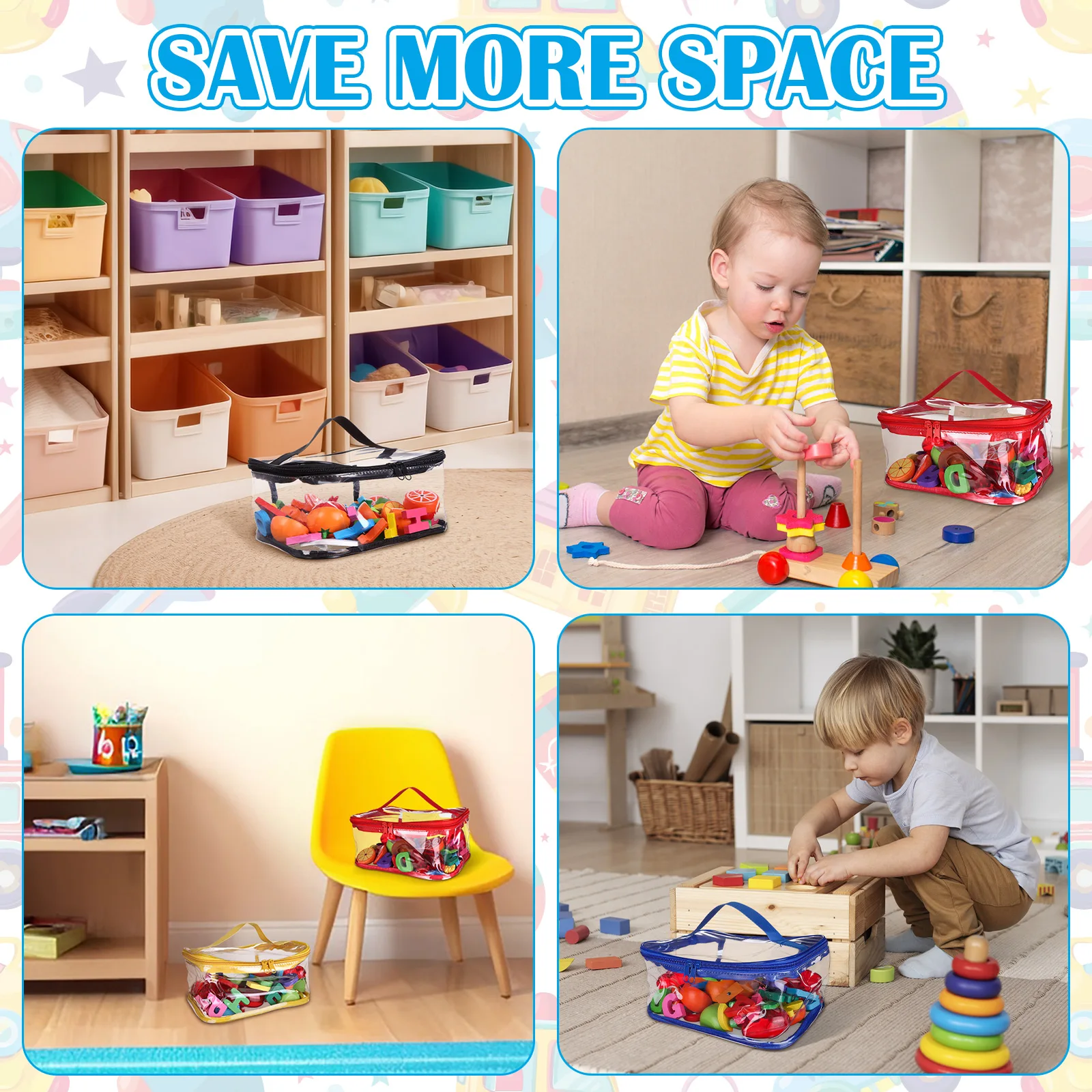 4 Pcs Clear PVC Toy Storage Bags With Handles 9.3x6.7x4.5 Inch Travel Toiletry Bags Waterproof Toy Storage Organizer Pouch With