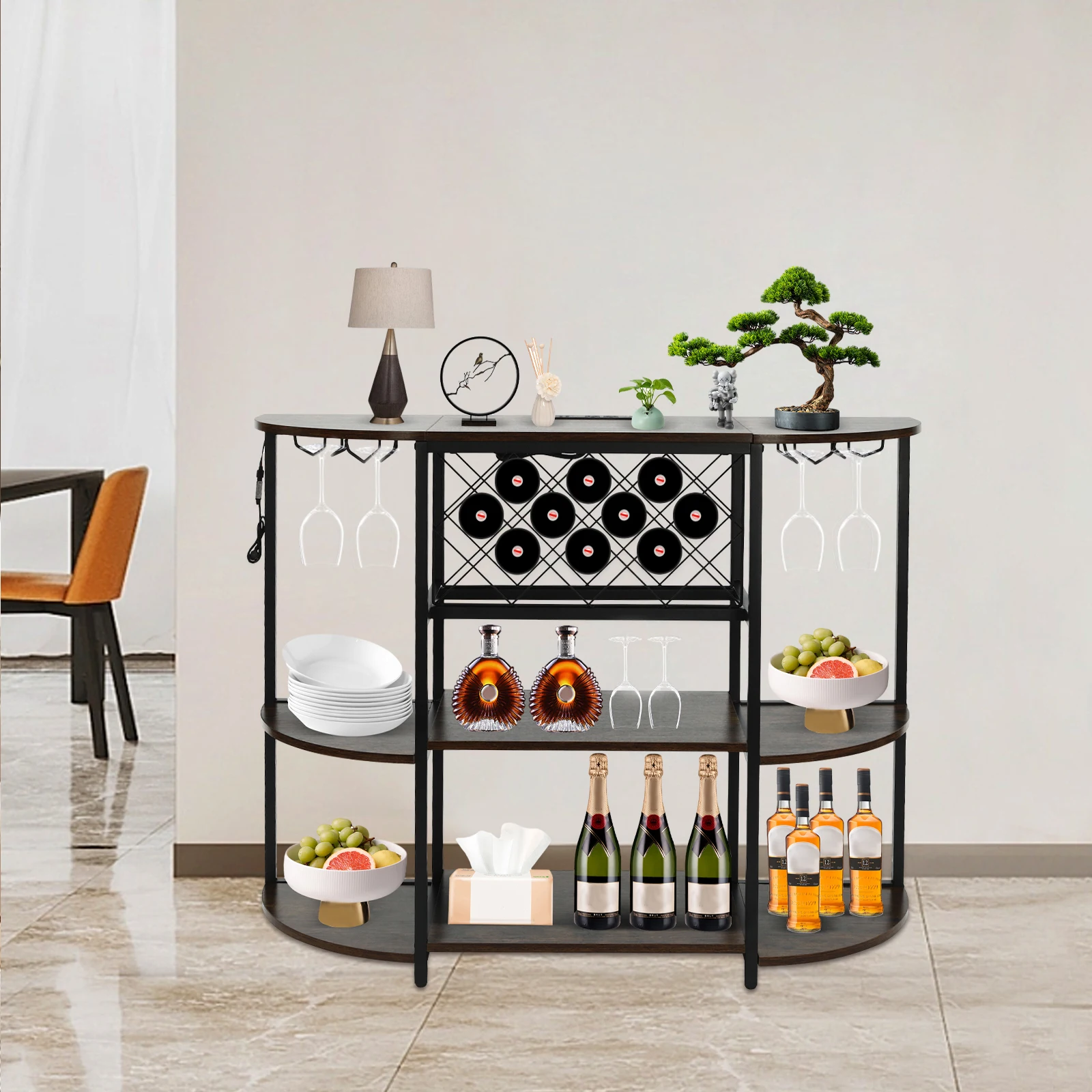 Brown/Gray Wine Rack Table with LED Light Durable Metal Coffee Bar Cabinet Freestanding Floor Table w/ Outlet + LED Light