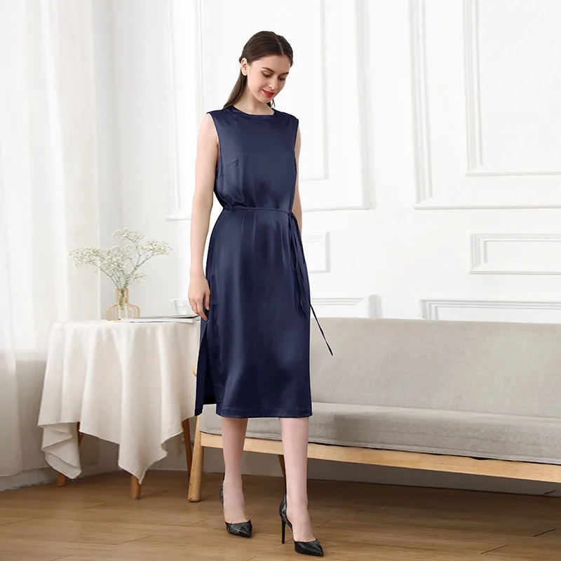 22 Momme 100% Real Silk Sleeveless Nightgown Round Neck Long Dresses Female Sexy Slit Midi Dress Pure Mulberry Silk Home Clothes