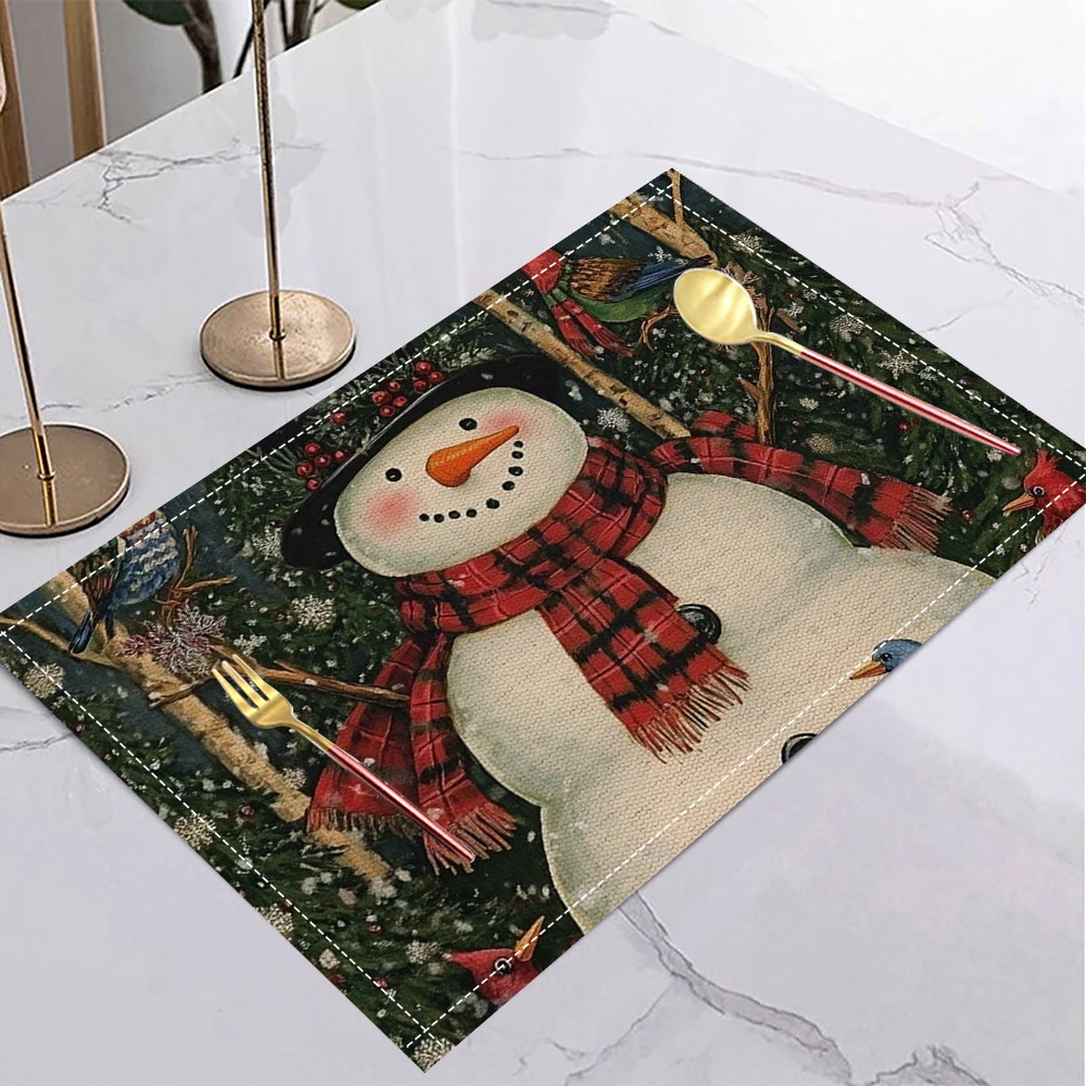 

4/6/8 шт., рождественский снеговик, PlaceMat, машинная стирка, льняные коврики для стола, коврик для обеденного стола для встреч в помещении, сезонный декор стола