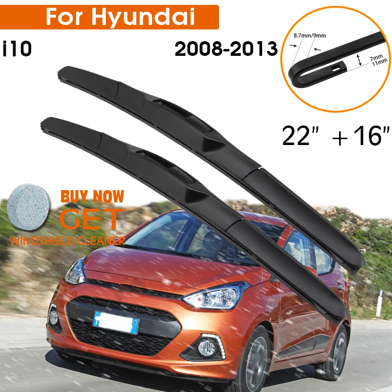 

Щетки стеклоочистителя для Hyundai i10 2008-2013, резиновые силиконовые сменные лезвия для лобового стекла, передние, 22+16 дюймов, для лево- и праворульных авто, автоаксессуары